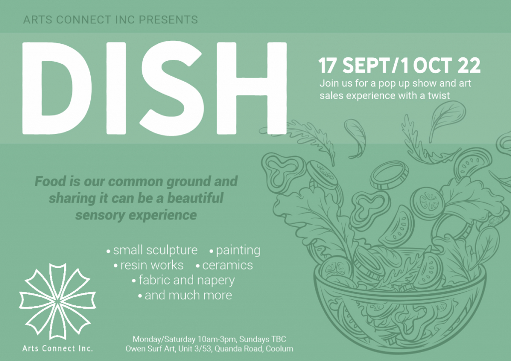 Flyer for ArtsConnect art exhibition called DISH
